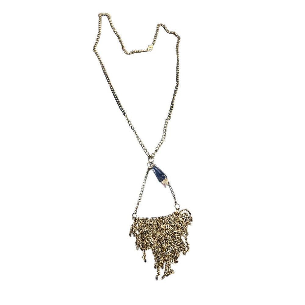 Silver tone tassel fringe necklace clear dangle rhinestone adjustable 26"